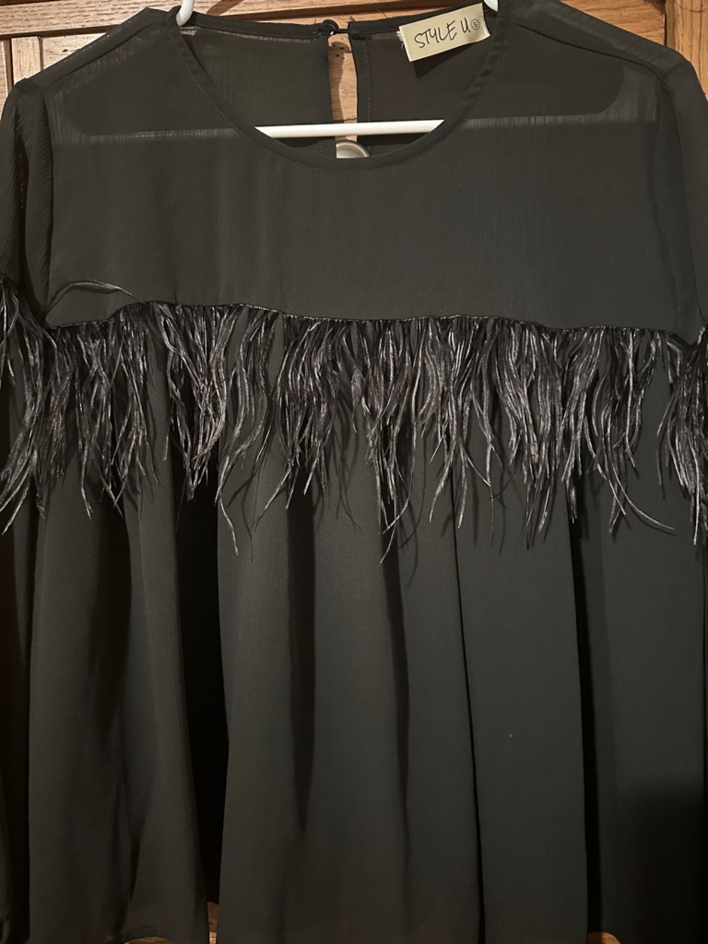 Black Feather-Trim Long-Sleeve Blouse - Women Tops - Picture 3 of 3